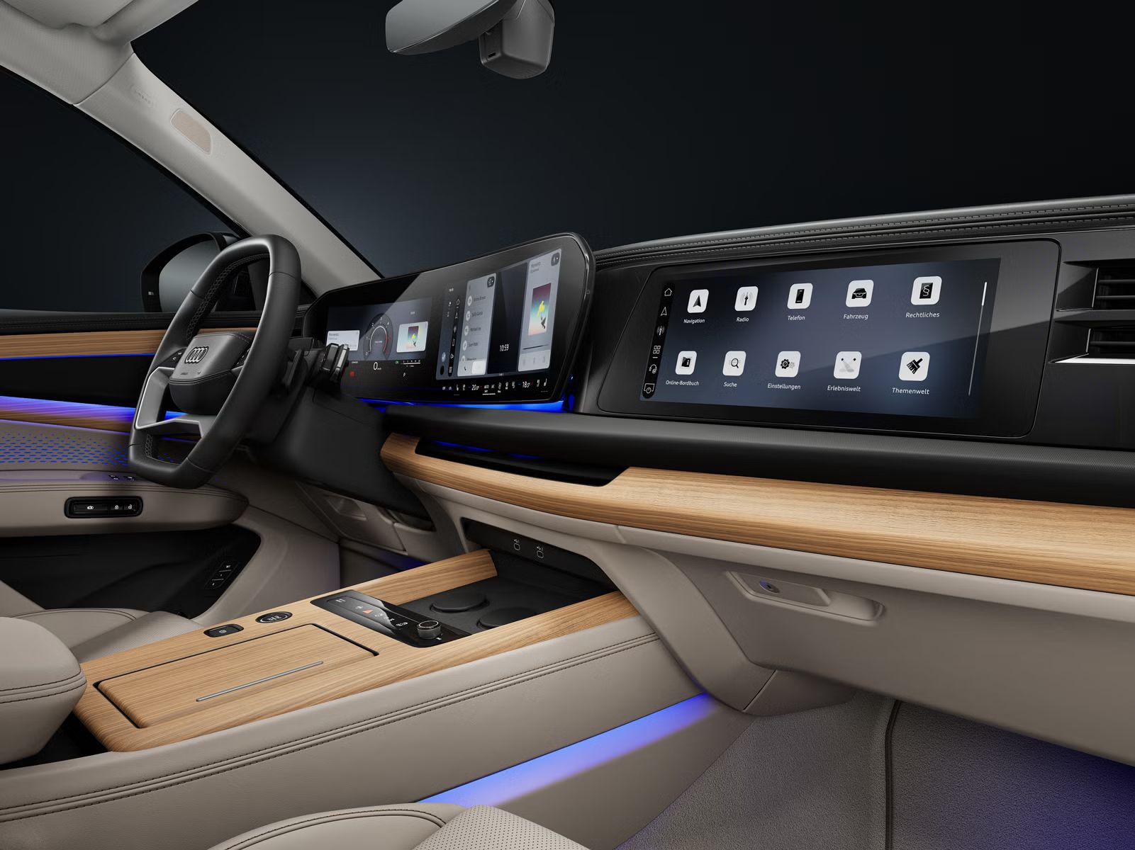 Blick auf das Cockpit von der Beifahrerseite mit dem Fokus auf die digitalen Displays.