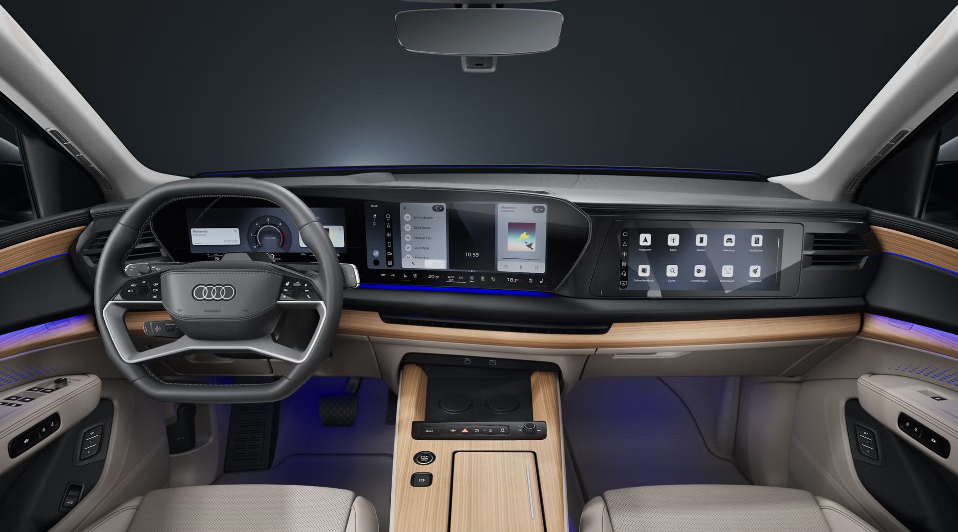 Frontaler Blick von hinten auf das Cockpit, die Sportsitze und die digitalen Displays des Audi Q7 SUV.